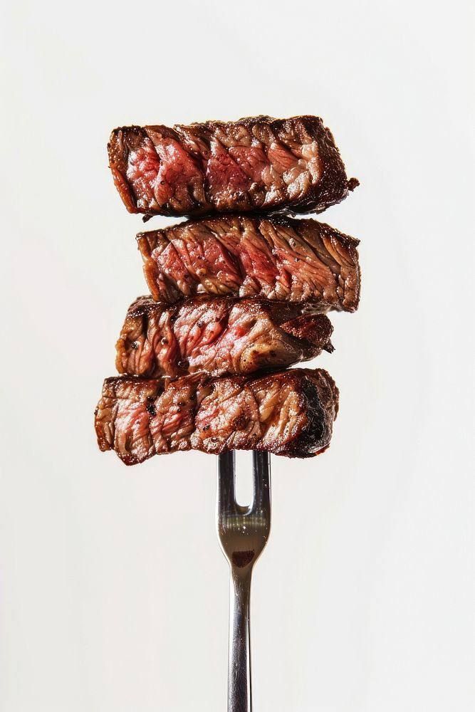 Sliced steak stacked on a carving fork